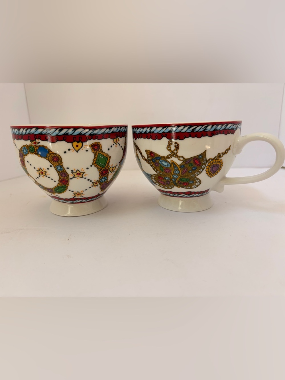 Brighton White Ceramic Cups with Red Trim and Multicolor Jewel Accents